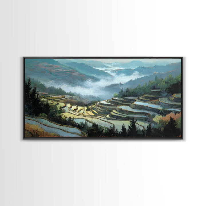 Rice Terraces Glowing Framed Canvas Print, Landscape Art, Luxury Decor, Living Room Decor, Fine Art, Horizon, Digital Art, LAN-2x1-14