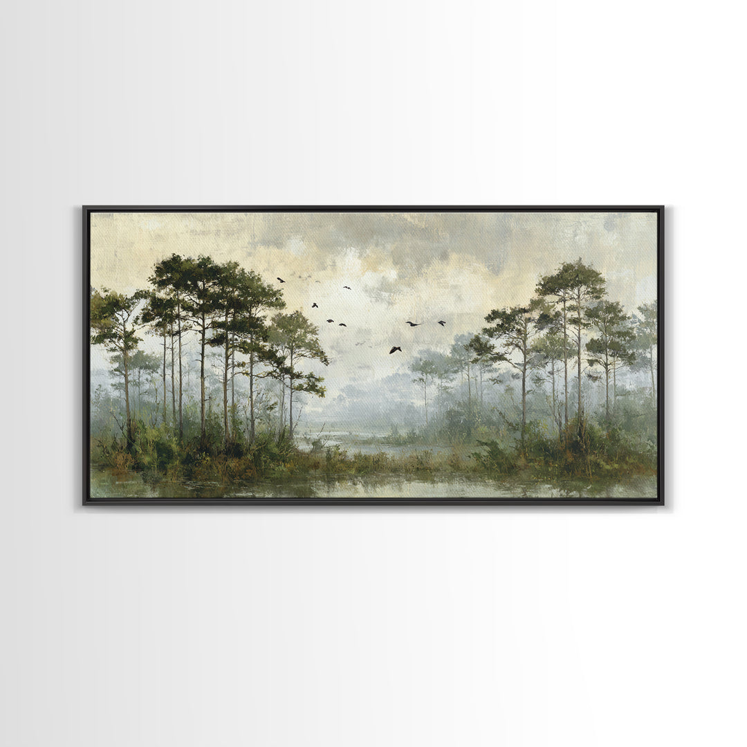 Misty Cypress Swamp Framed Canvas Print, Landscape Art, Room Decor, Living Room Decor, Fine Art, Horizon, Printable Wall Art, LAN-2x1-18