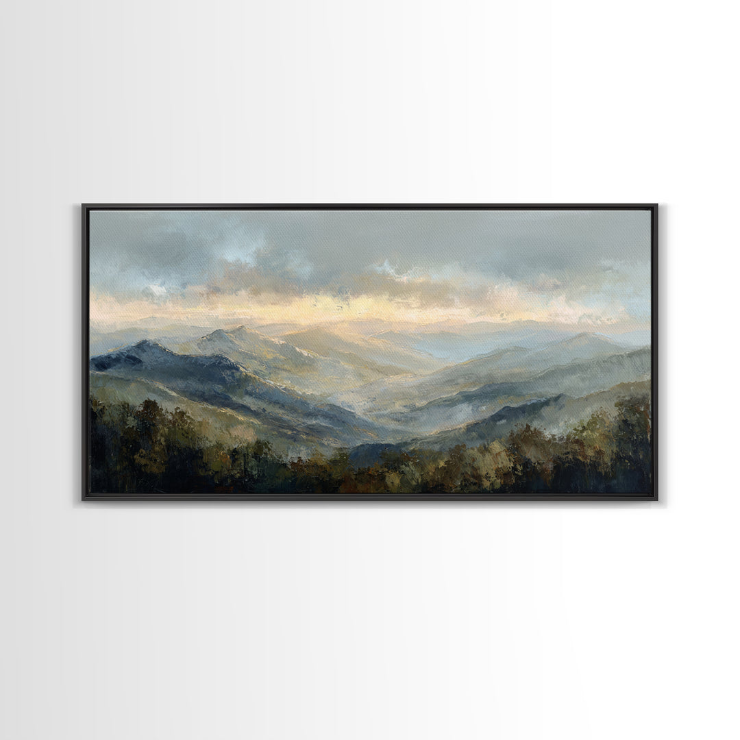 Misty Mountain Valley at Sunrise Canvas Print, Landscape Art, Digital Art, Living Room Decor, Fine Art, Horizon, Boho Wall Art, LAN-2x1-21