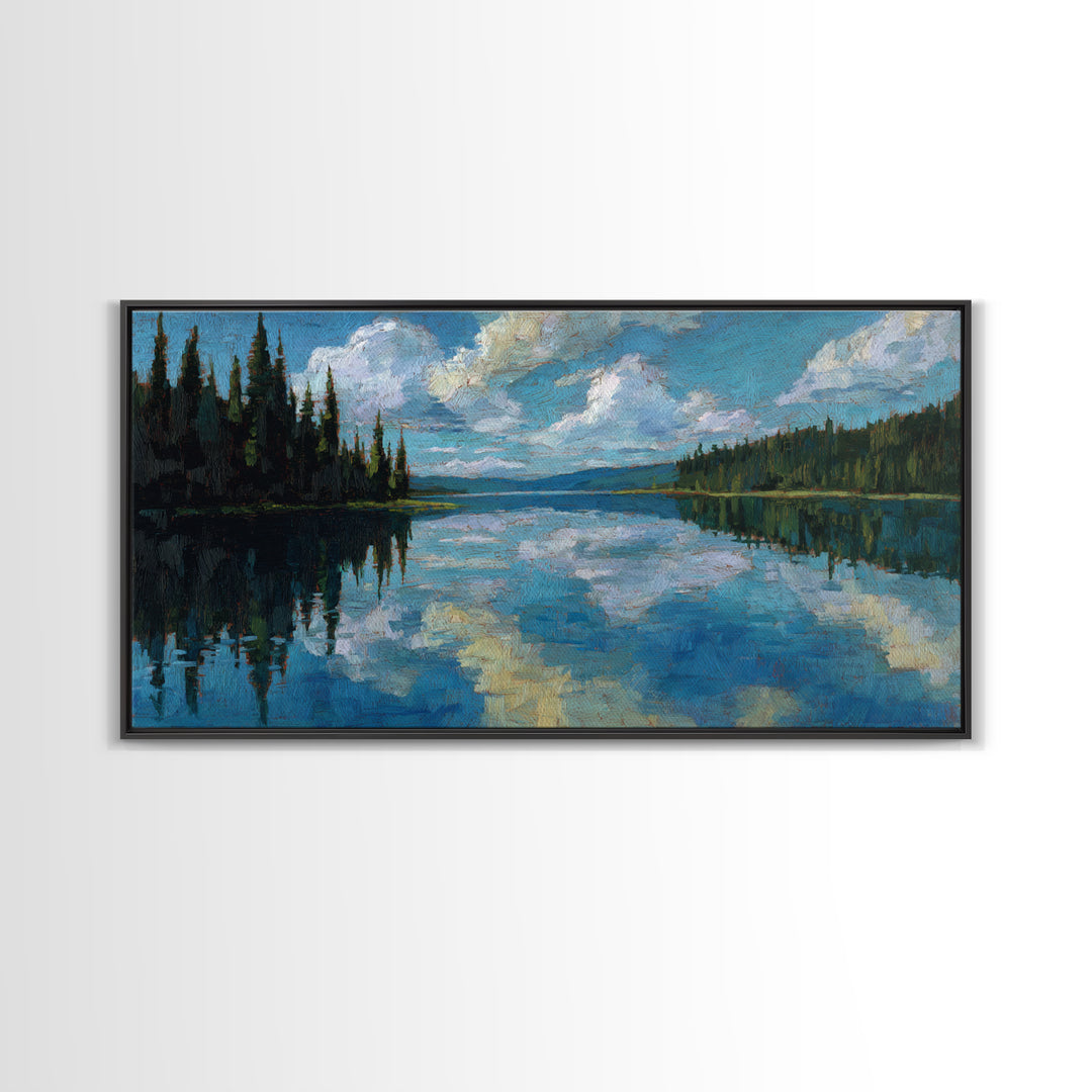 Quiet Lake Reflecting Pine Forest Framed Canvas Print, Landscape Art, Minimalist Decor, Living Room Decor, Oil Painting, LAN-2x1-24