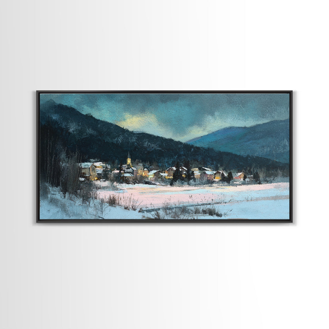 Snow Covered Alpine Village at Dusk Framed Canvas Print, Landscape Art, Boho Decor, Living Room Decor, Fine Art, Horizon, LAN-2x1-27