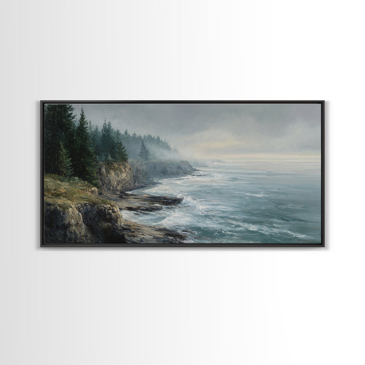 Coastal Cliffs with Crashing Waves Framed Canvas Print, Landscape Art, Contemporary Art, Living Room Decor, Fine Art, Horizon, LAN-2x1-28