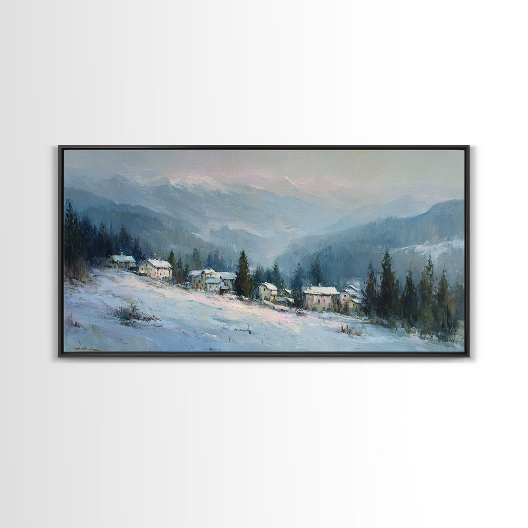Snow Covered Alpine Village at Dusk Framed Canvas Print, Landscape Art, Framed Wall Art, Living Room Decor, Oil Painting, LAN-2x1-3