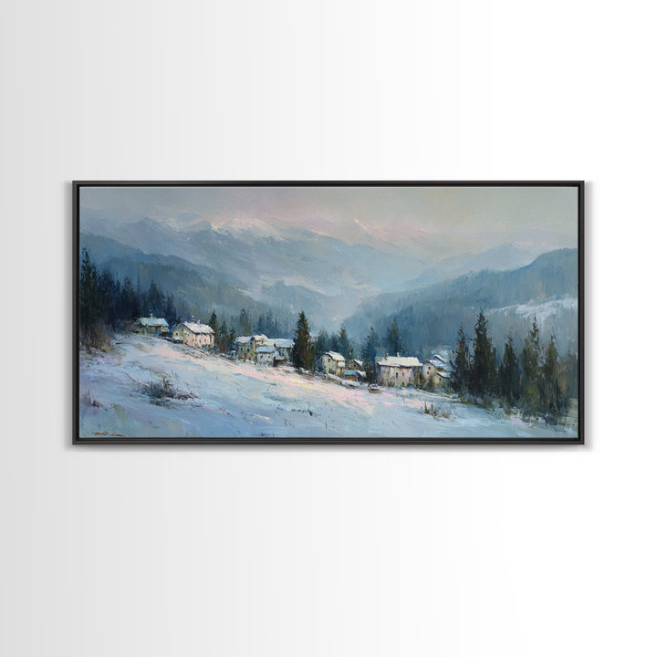 Snow Covered Alpine Village at Dusk Framed Canvas Print, Landscape Art, Framed Wall Art, Living Room Decor, Oil Painting, LAN-2x1-3