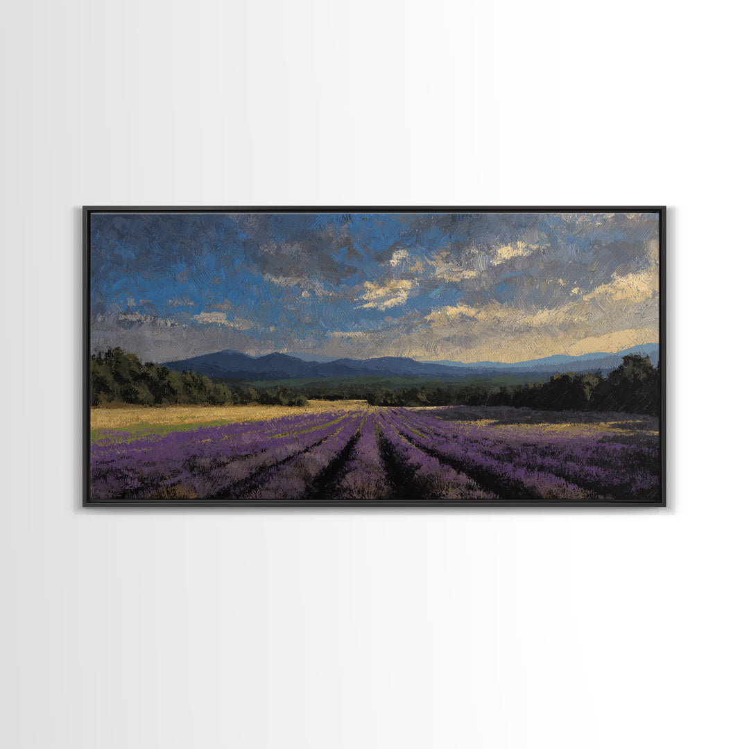 Lavender Field Leading to Distant Hills Framed Canvas Print, Landscape Art, Minimalist Decor, Living Room Decor, Oil Painting, LAN-2x1-30