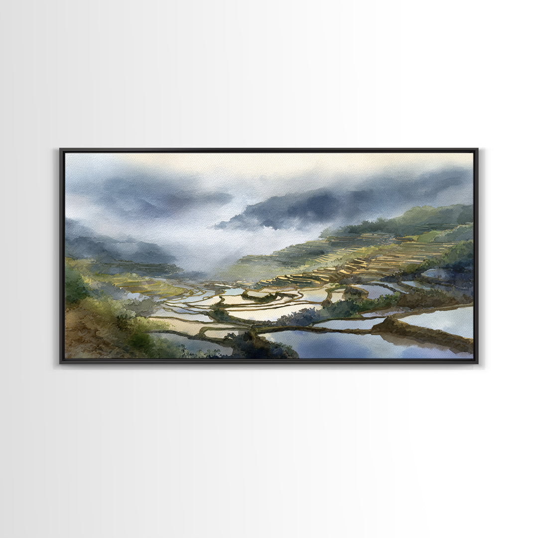 Rice Terraces Glowing Framed Canvas Print, Landscape Art, Luxury Decor, Living Room Decor, Fine Art, Horizon, Digital Art, LAN-2x1-38