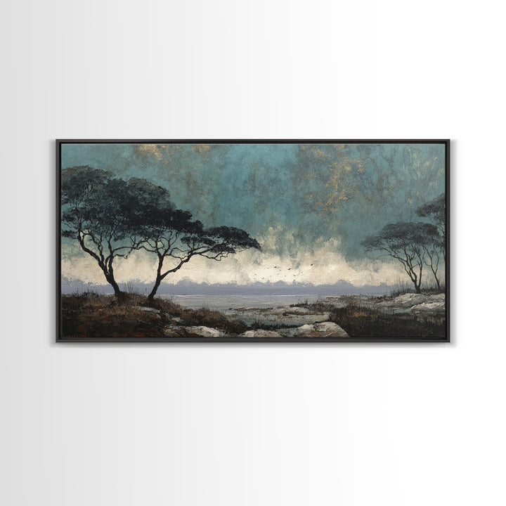 Wide Savanna with Acacia Silhouette Canvas Print, Landscape Art, Digital Art, Living Room Decor, Horizon, Boho Wall Art, LAN-2x1-39