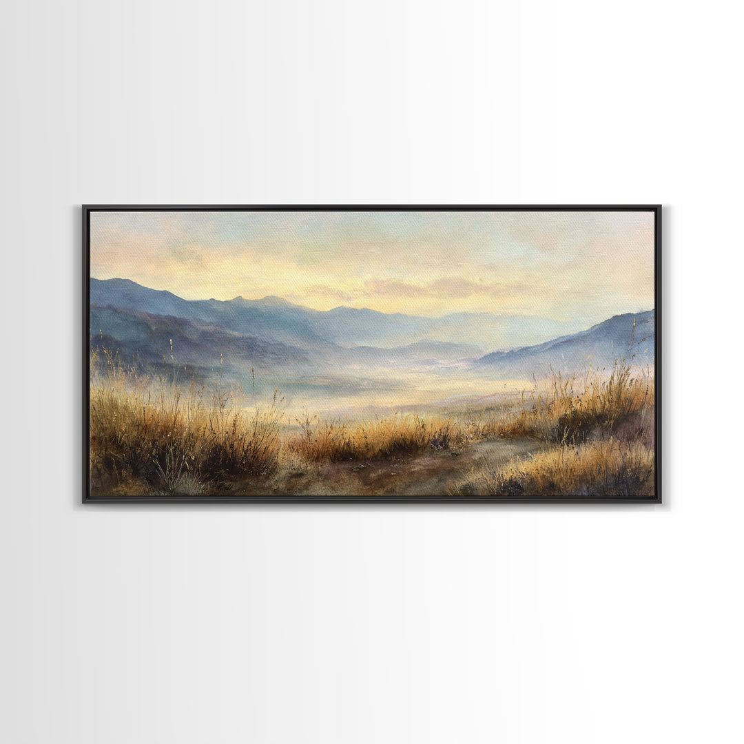 Misty Mountain Valley at Sunrise Framed Canvas Print, Landscape Art, Framed Wall Art, Living Room Decor, Oil Painting, Horizon, LAN-2x1-45