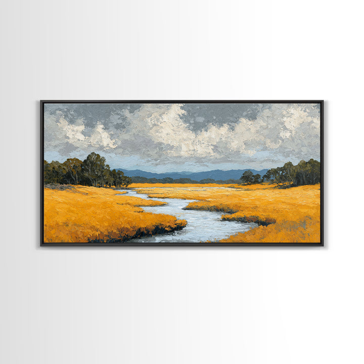 Winding River Through Golden Fields Framed Canvas Print, Landscape Art, Wall Decor, Living Room Decor, Fine Art, Horizon, LAN-2x1-46