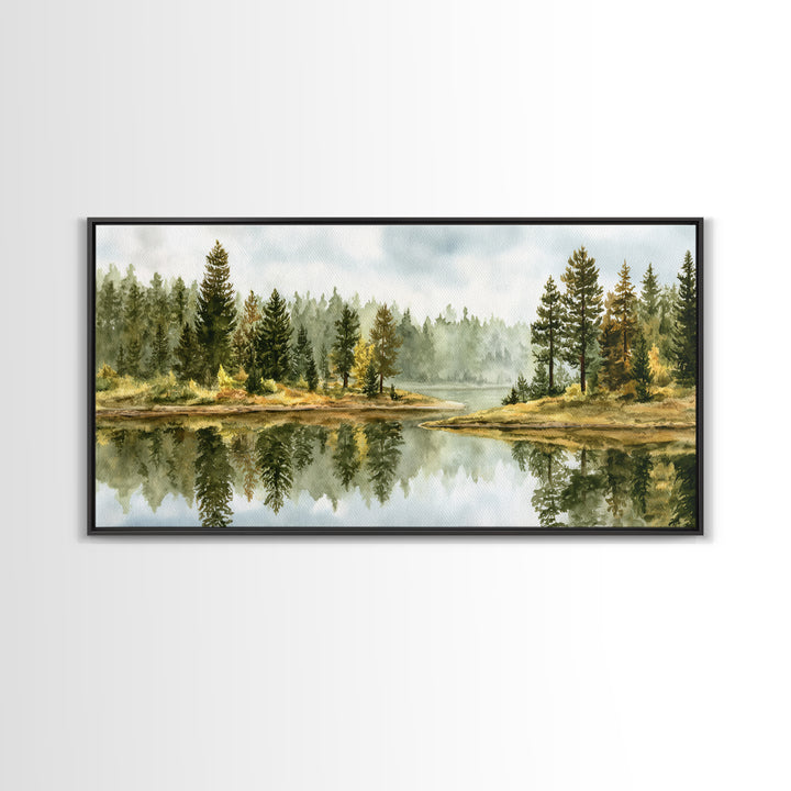 Quiet Lake Reflecting Pine Forest Canvas Print, Landscape Art, Digital Prints, Living Room Decor, Horizon, Farmhouse Decor, LAN-2x1-48