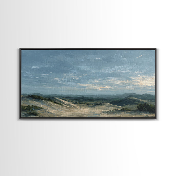 Desert Dunes under Pale Moon Framed Canvas Print, Landscape Art, Farmhouse Decor, Living Room Decor, Fine Art, Horizon, LAN-2x1-55