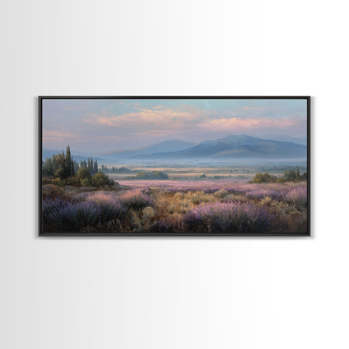 Lavender Field Leading to Distant Hills Framed Canvas Print, Landscape Art, Minimalist Decor, Living Room Decor, Oil Painting, LAN-2x1-6