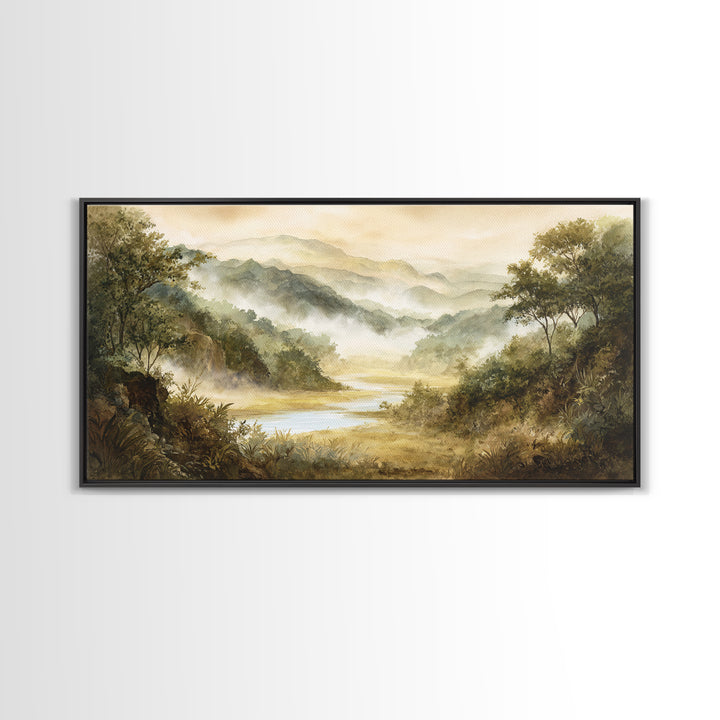 Tropical Jungle Waterfall Framed Canvas Print, Landscape Art, Digital Art, Living Room Decor, Fine Art, Horizon, Boho Wall Art, LAN-2x1-60
