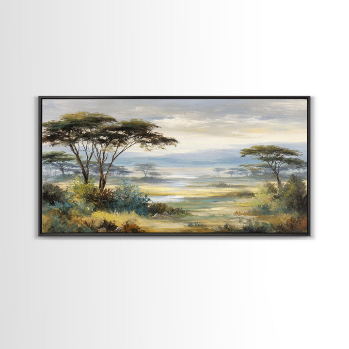 Wide Savanna with Acacia Silhouette Canvas Print, Landscape Art, Abstract Wall Art, Living Room Decor, Fine Art, Horizon, LAN-2x1-63