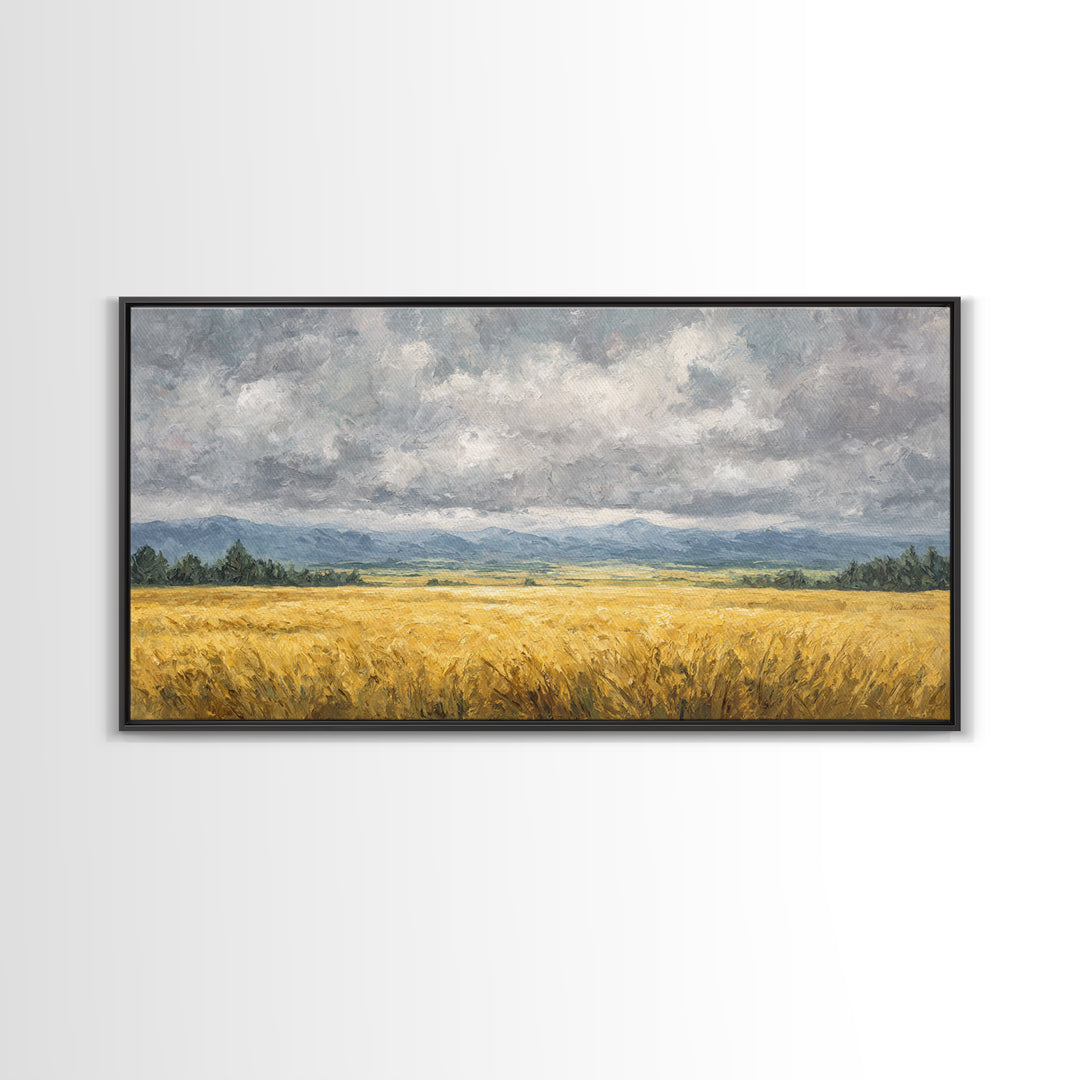 Golden Wheat Field Beneath Huge Clouds Canvas Print, Landscape Art, Original Painting, Living Room Decor, Fine Art, Horizon, LAN-2x1-68