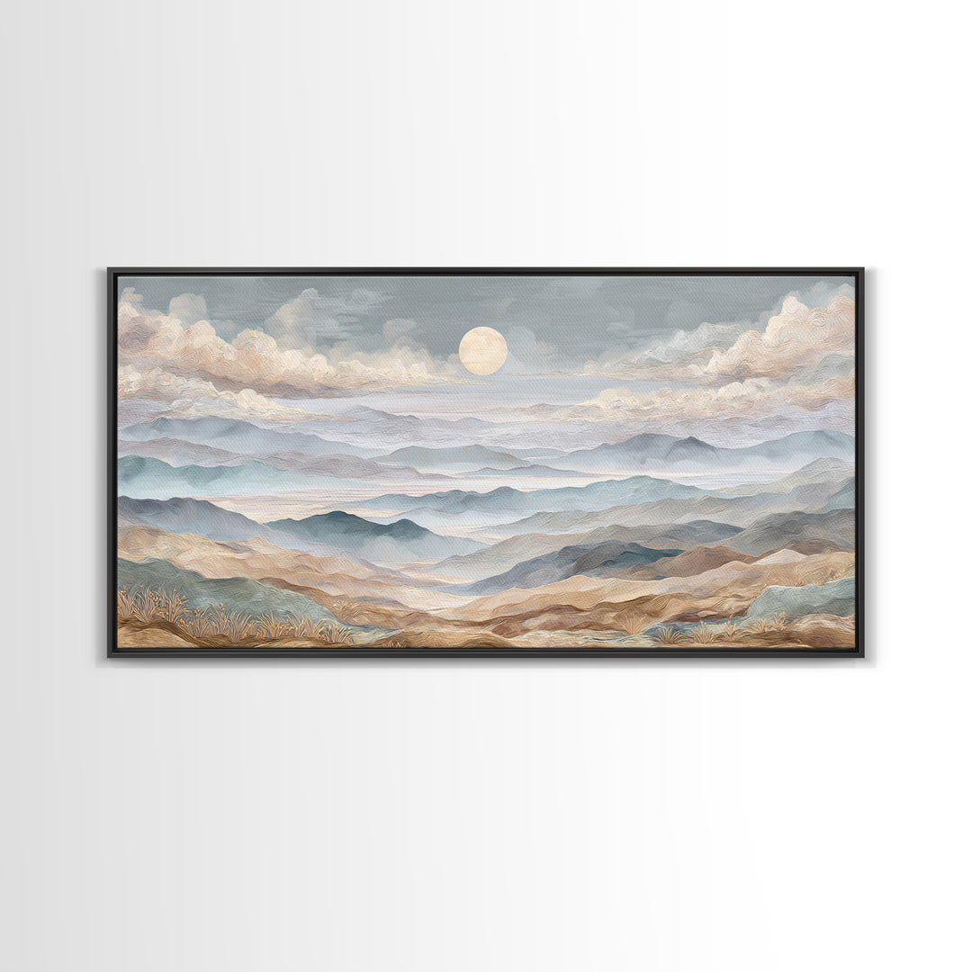 Desert Dunes under Pale Moon Framed Canvas Print, Landscape Art, Art Prints, Living Room Decor, Horizon, Abstract Wall Art, LAN-2x1-7