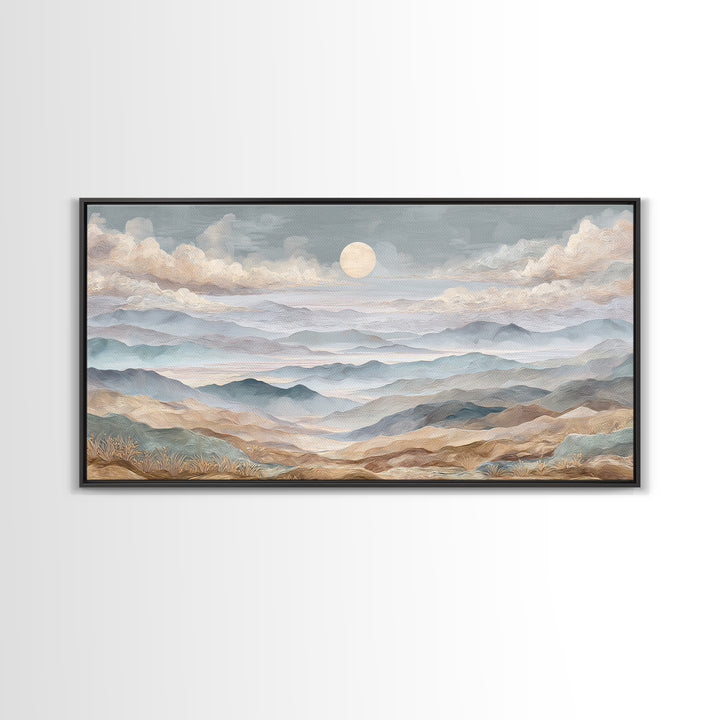 Desert Dunes under Pale Moon Framed Canvas Print, Landscape Art, Art Prints, Living Room Decor, Horizon, Abstract Wall Art, LAN-2x1-7