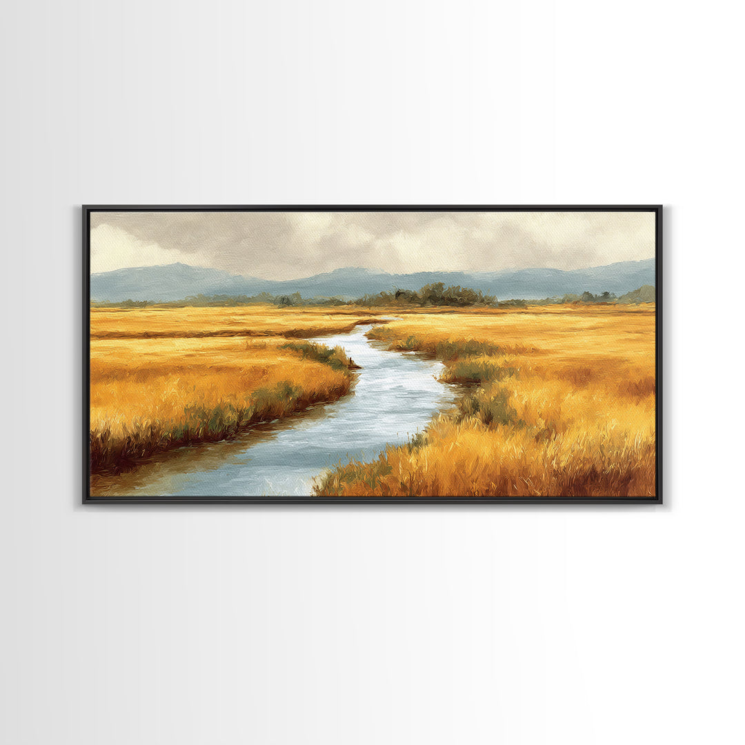 Winding River Through Golden Fields Canvas Print, Landscape Art, Printable Wall Art, Living Room Decor, Oil Painting, Horizon, LAN-2x1-70
