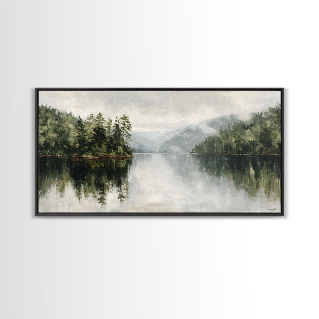 Quiet Lake Reflecting Pine Forest Framed Canvas Print, Landscape Art, Digital Wall Art, Living Room Decor, Fine Art, Horizon, LAN-2x1-72
