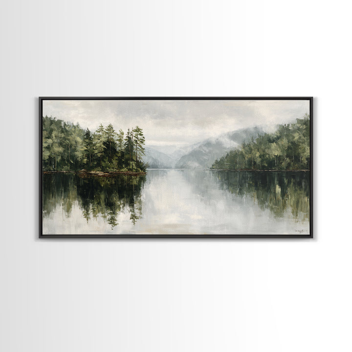 Quiet Lake Reflecting Pine Forest Framed Canvas Print, Landscape Art, Digital Wall Art, Living Room Decor, Fine Art, Horizon, LAN-2x1-72