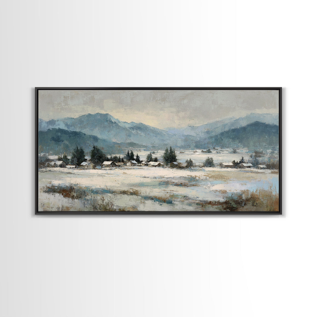 Snow Covered Alpine Village at Dusk Framed Canvas Print, Landscape Art, Room Decor, Living Room Decor, Fine Art, Horizon, LAN-2x1-75