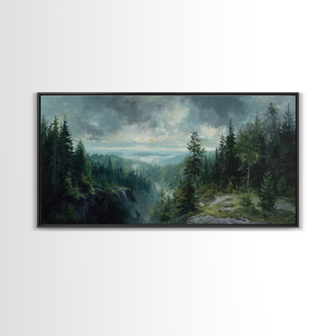 Waterfall Hidden in Dense Forest Framed Canvas Print, Landscape Art, Luxury Decor, Living Room Decor, Fine Art, Horizon, LAN-2x1-8