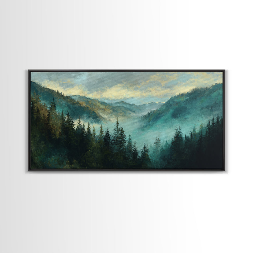 Waterfall Hidden in Dense Forest Framed Canvas Print, Landscape Art, Living Room Decor, Oil Painting, Horizon, Modern Art, LAN-2x1-80