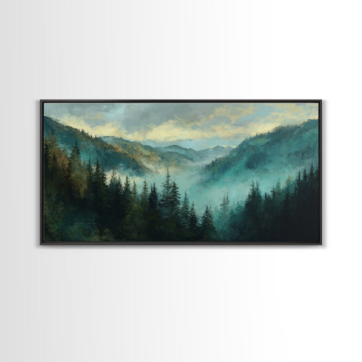 Waterfall Hidden in Dense Forest Framed Canvas Print, Landscape Art, Living Room Decor, Oil Painting, Horizon, Modern Art, LAN-2x1-80