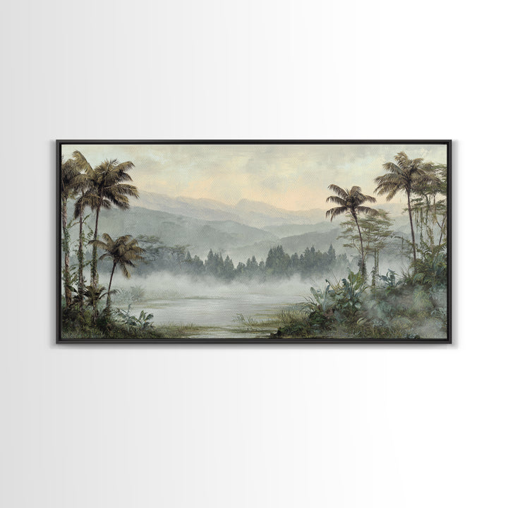 Tropical Jungle Waterfall Framed Canvas Print, Landscape Art, Abstract Wall Art, Living Room Decor, Fine Art, Horizon, LAN-2x1-84