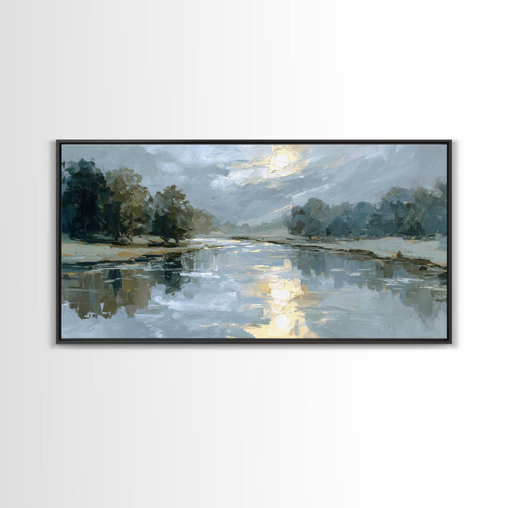 Moonlit River with Silver Reflections Canvas Print, Landscape Art, Living Room Decor, Oil Painting, Horizon, Modern Art, LAN-2x1-89