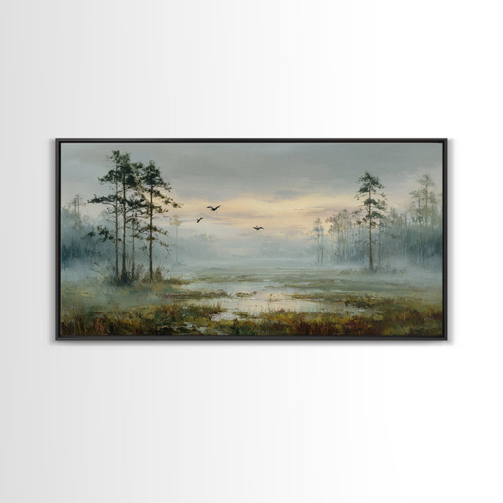 Misty Cypress Swamp Framed Canvas Print, Landscape Art, Digital Art, Living Room Decor, Fine Art, Horizon, Boho Wall Art, LAN-2x1-90