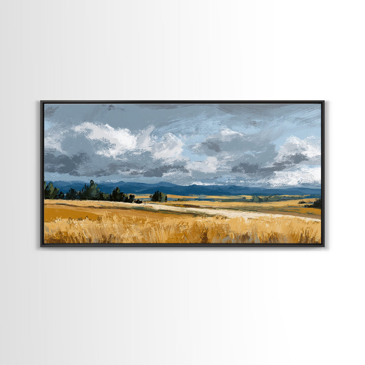 Golden Wheat Field Beneath Huge Clouds Framed Canvas Print, Landscape Art, Digital Print, Living Room Decor, Fine Art, Horizon, LAN-2x1-92