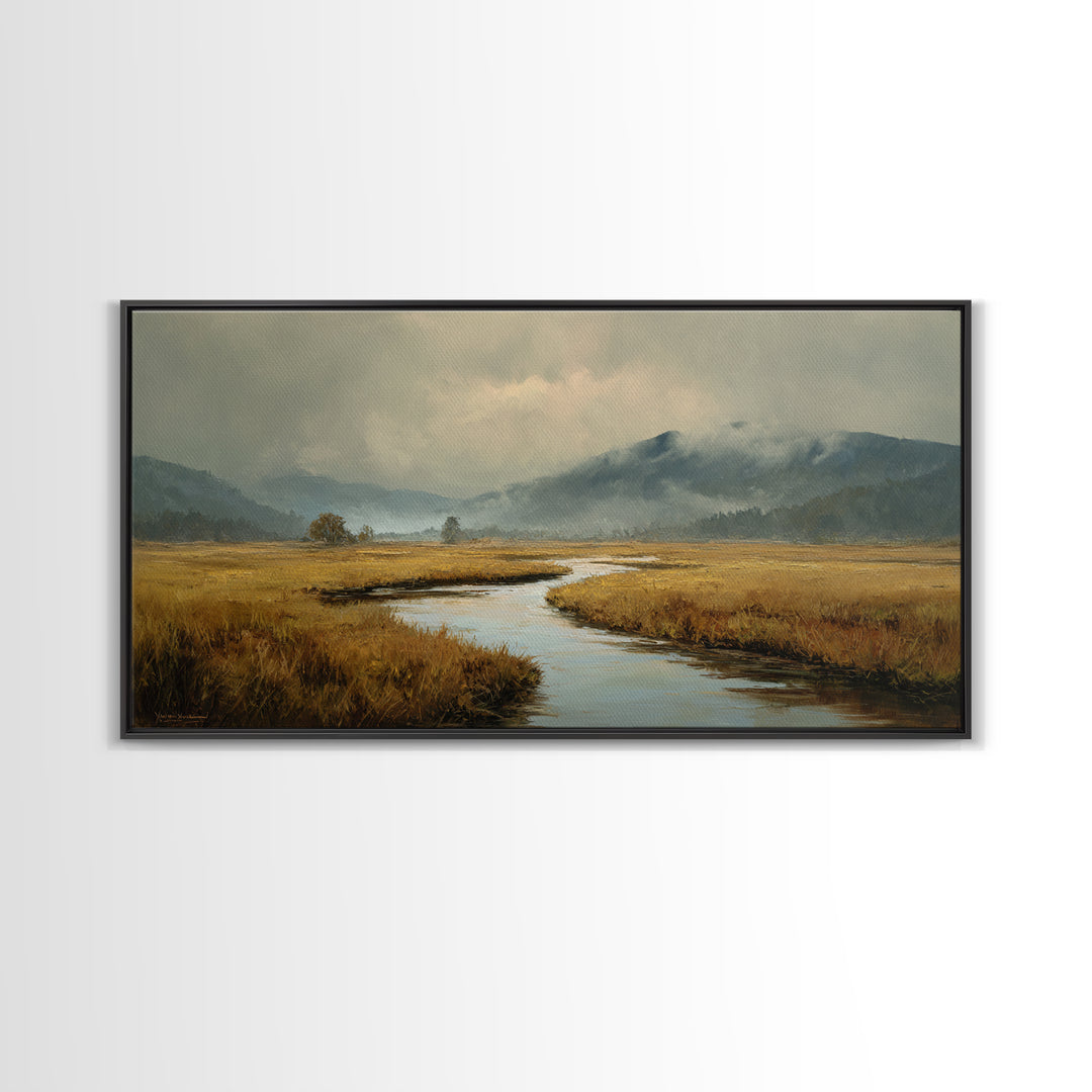 Winding River Through Golden Fields Canvas Print, Landscape Art, Printable Wall Art, Living Room Decor, Oil Painting, Horizon, LAN-2x1-94