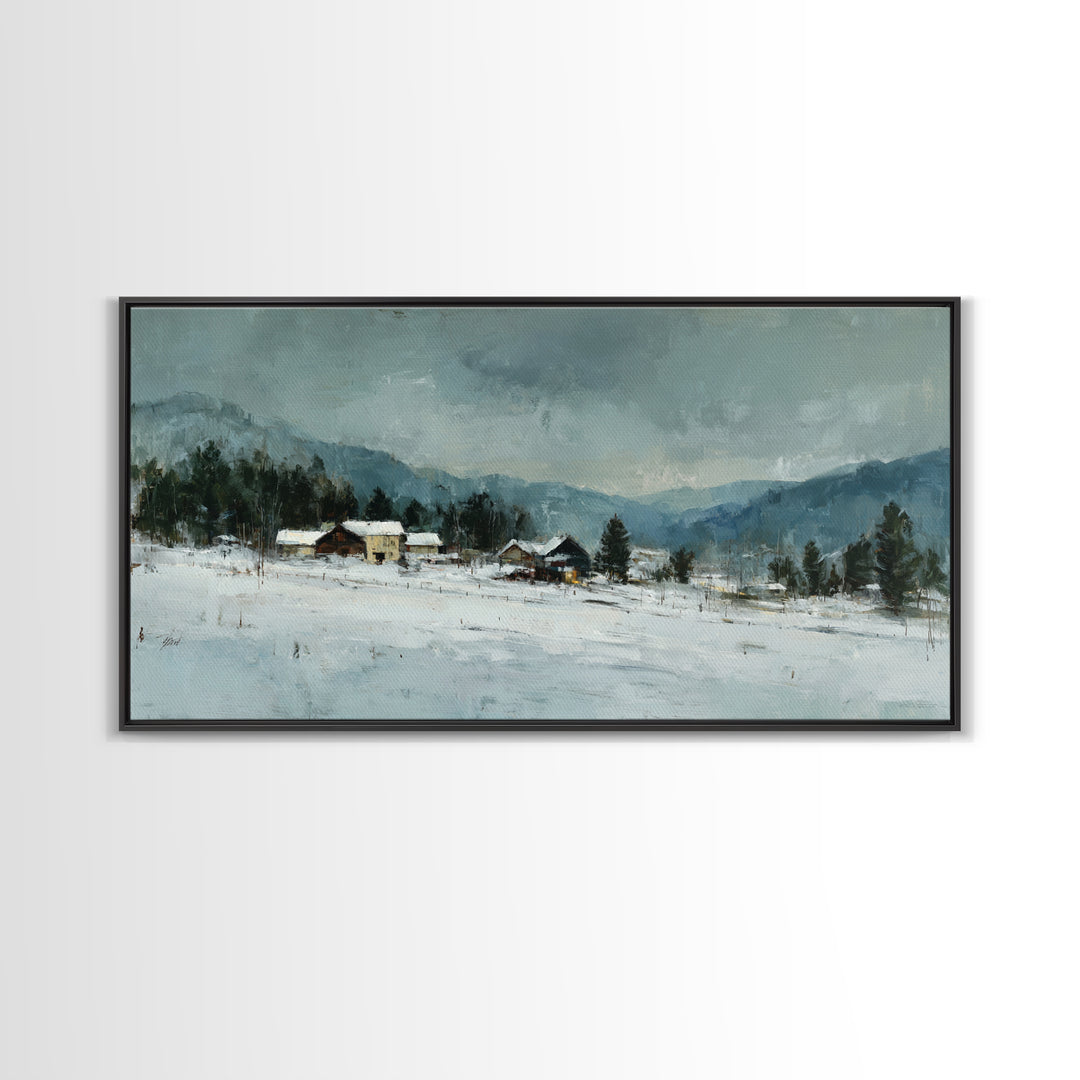Snow Covered Alpine Village at Dusk Framed Canvas Print, Landscape Art, Abstract Wall Art, Living Room Decor, Fine Art, Horizon, LAN-2x1-99