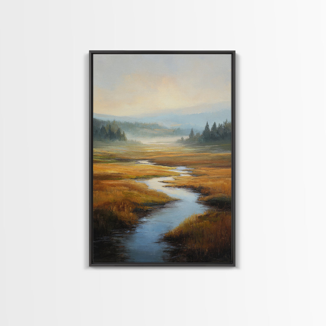 Winding River Through Golden Fields Canvas Print, Landscape Art, Contemporary Art, Living Room Decor, Fine Art, Horizon, LAN-2x3-10
