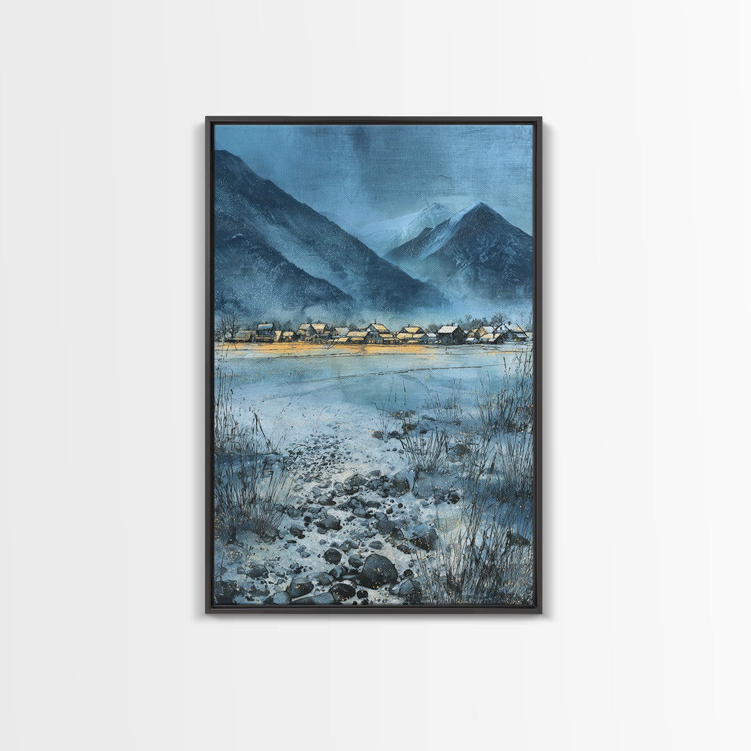 Snow Covered Alpine Village at Dusk Canvas Print, Landscape Art, Minimalist Decor, Living Room Decor, Oil Painting, Horizon, LAN-2x3-15