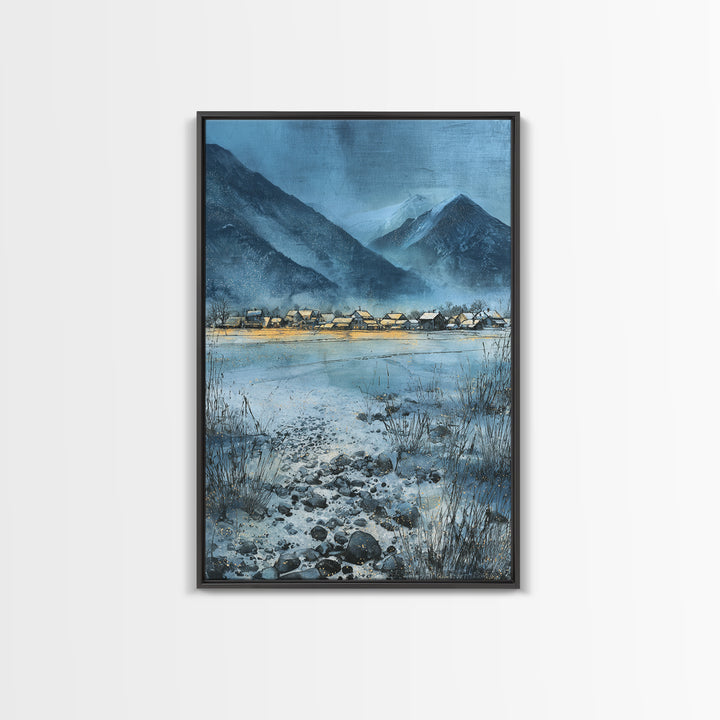 Snow Covered Alpine Village at Dusk Canvas Print, Landscape Art, Minimalist Decor, Living Room Decor, Oil Painting, Horizon, LAN-2x3-15