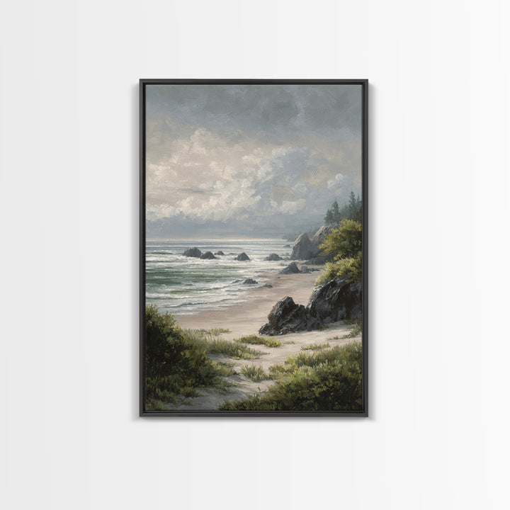 Volcanic Black Beach Framed Canvas Print, Landscape Art, Wall Decor, Living Room Decor, Fine Art, Horizon, Digital Print, LAN-2x3-22