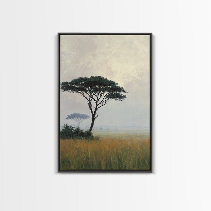 Wide Savanna with Acacia Silhouette Framed Canvas Print, Landscape Art, Room Decor, Living Room Decor, Fine Art, Horizon, LAN-2x3-3
