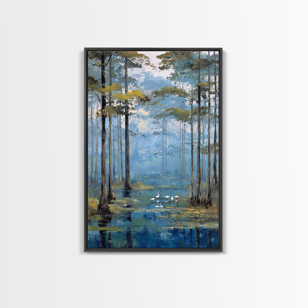 Misty Cypress Swamp Framed Canvas Print, Landscape Art, Minimalist Decor, Living Room Decor, Oil Painting, Horizon, LAN-2x3-30