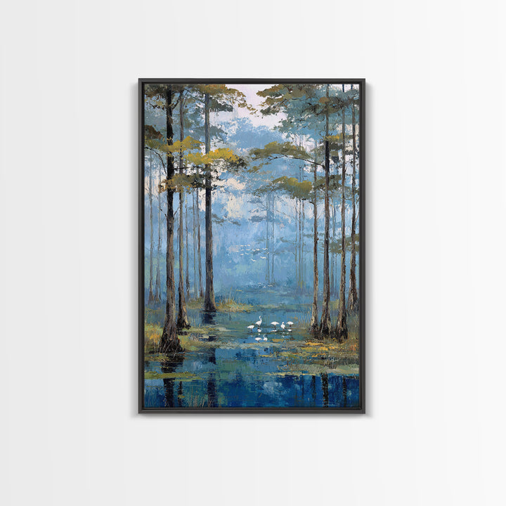 Misty Cypress Swamp Framed Canvas Print, Landscape Art, Minimalist Decor, Living Room Decor, Oil Painting, Horizon, LAN-2x3-30
