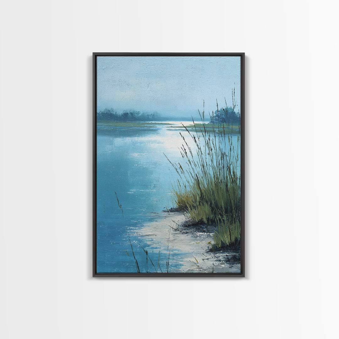 Moonlit River with Silver Reflections Canvas Print, Landscape Art, Original Painting, Living Room Decor, Fine Art, Horizon, LAN-2x3-5