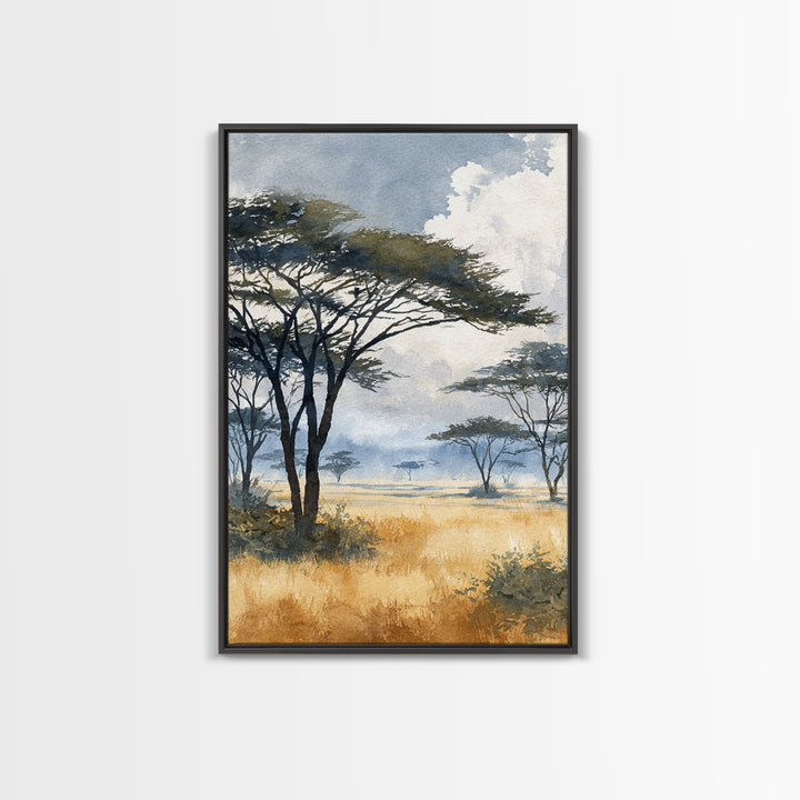 Wide Savanna with Acacia Silhouette Framed Canvas Print, Landscape Art, Digital Art, Living Room Decor, Fine Art, Horizon, LAN-2x3-51