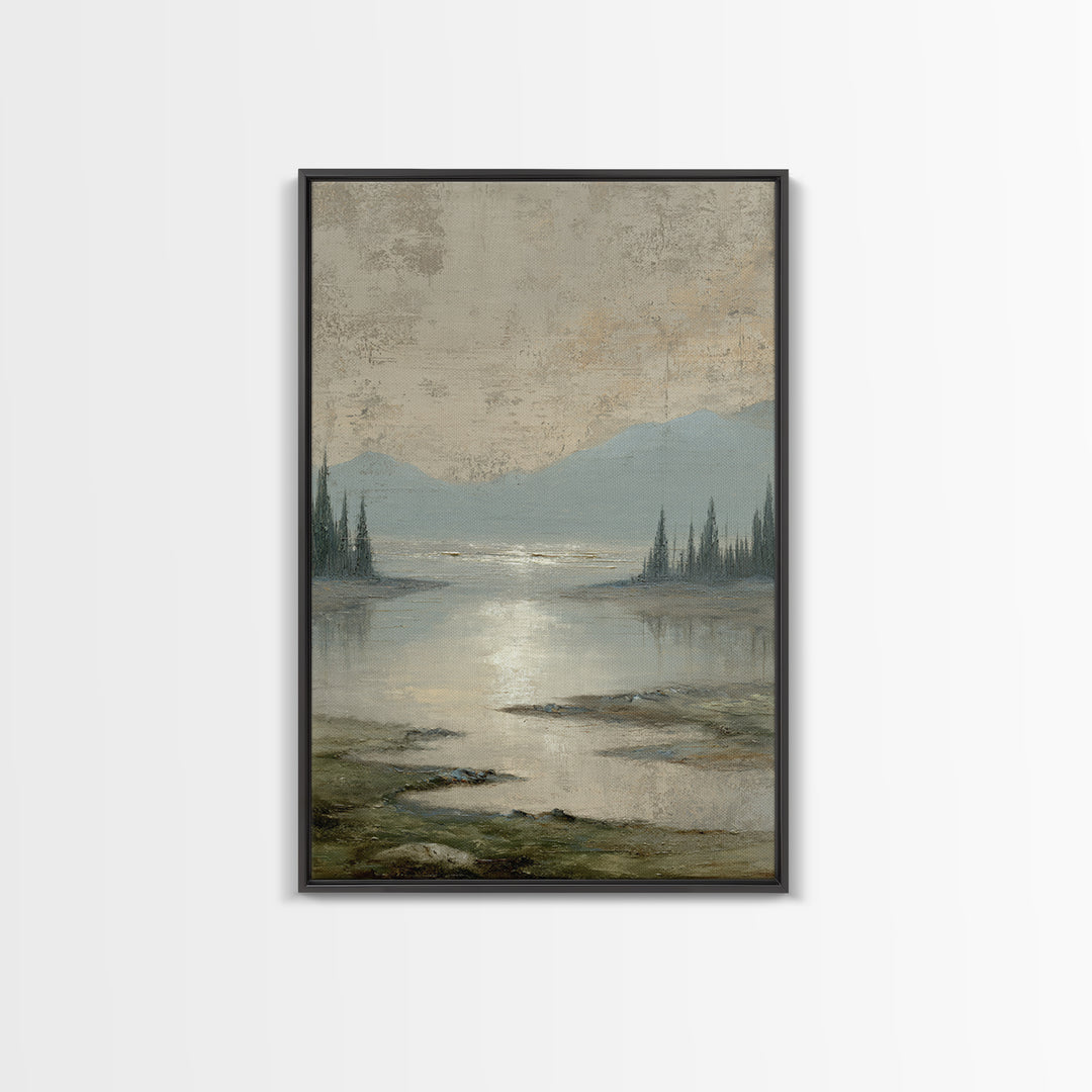 Moonlit River with Silver Reflections Framed Canvas Print, Landscape Art, Digital Print, Living Room Decor, Fine Art, Horizon, LAN-2x3-53