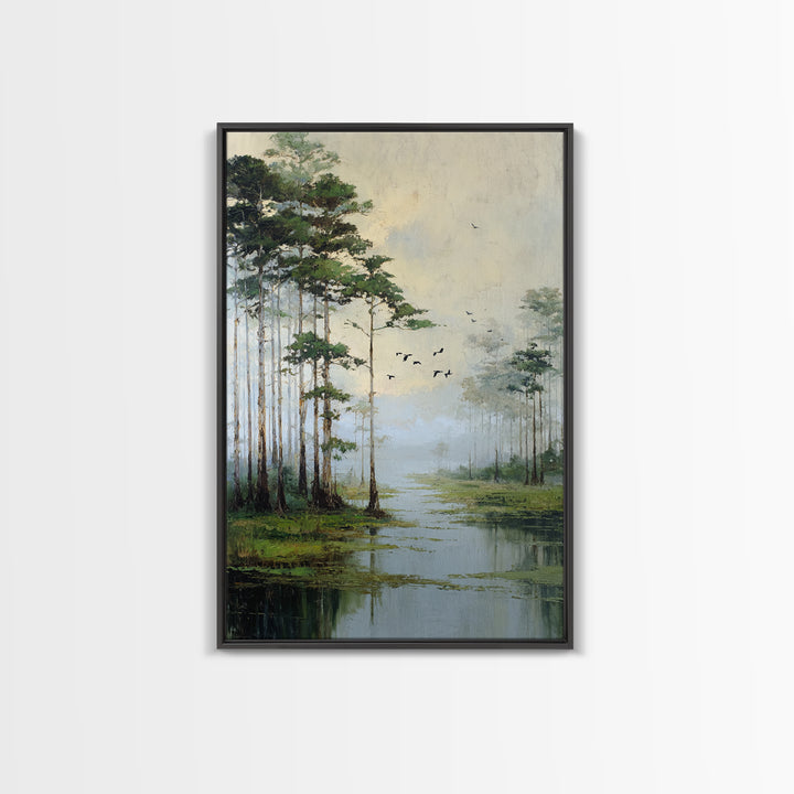 Misty Cypress Swamp Framed Canvas Print, Landscape Art, Minimalist Decor, Living Room Decor, Oil Painting, Horizon, LAN-2x3-6