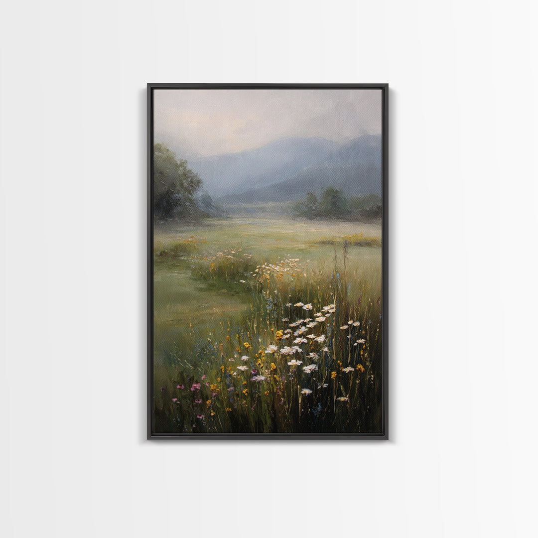 Sunlit Meadow with Wildflowers Framed Canvas Print, Landscape Art, Abstract Wall Art, Living Room Decor, Watercolor Art, LAN-2x3-69