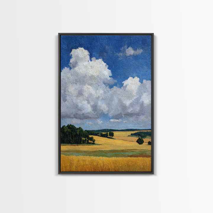 Golden Wheat Field Beneath Huge Clouds Framed Canvas Print, Landscape Art, Original Painting, Living Room Decor, Horizon, LAN-2x3-80