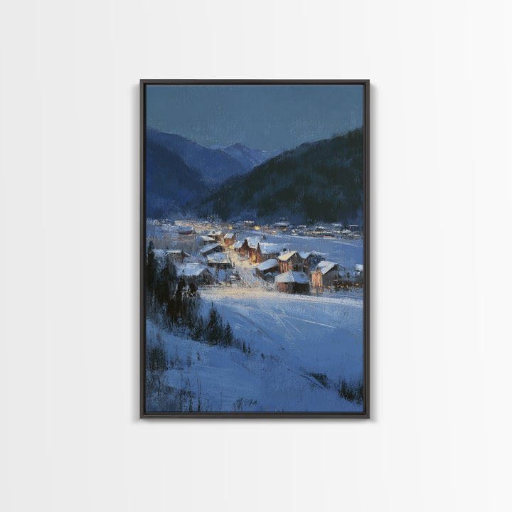 Snow Covered Alpine Village at Dusk Framed Canvas Print, Landscape Art, Living Room Wall Art, Living Room Decor, Oil Painting, LAN-2x3-87