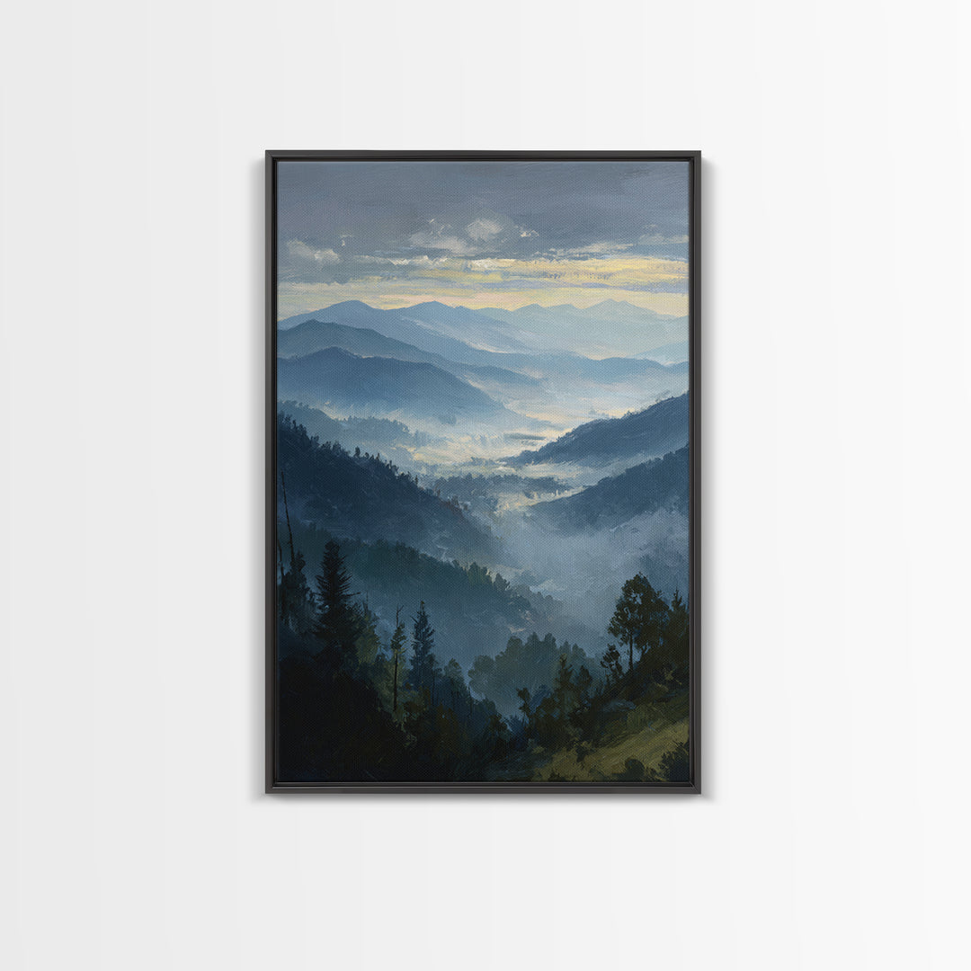 Misty Mountain Valley at Sunrise Canvas Print, Landscape Art, Digital Wall Art, Living Room Decor, Fine Art, Horizon, LAN-2x3-9
