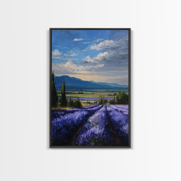 Lavender Field Leading to Distant Hills Framed Canvas Print, Landscape Art, Framed Wall Art, Living Room Decor, Oil Painting, LAN-2x3-90